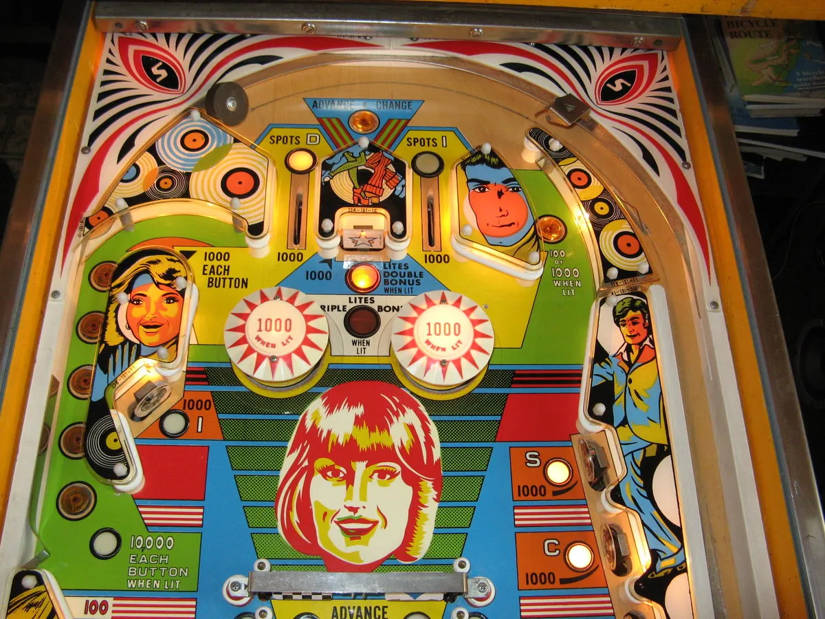 The playfield of "Disco", with a color scheme dominated by warm colors, and bold artwork of the '70s idea of attractive faces.