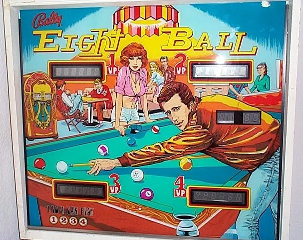 The backglass of Eight Ball, a drawing of TV-star-looking people playing pool.