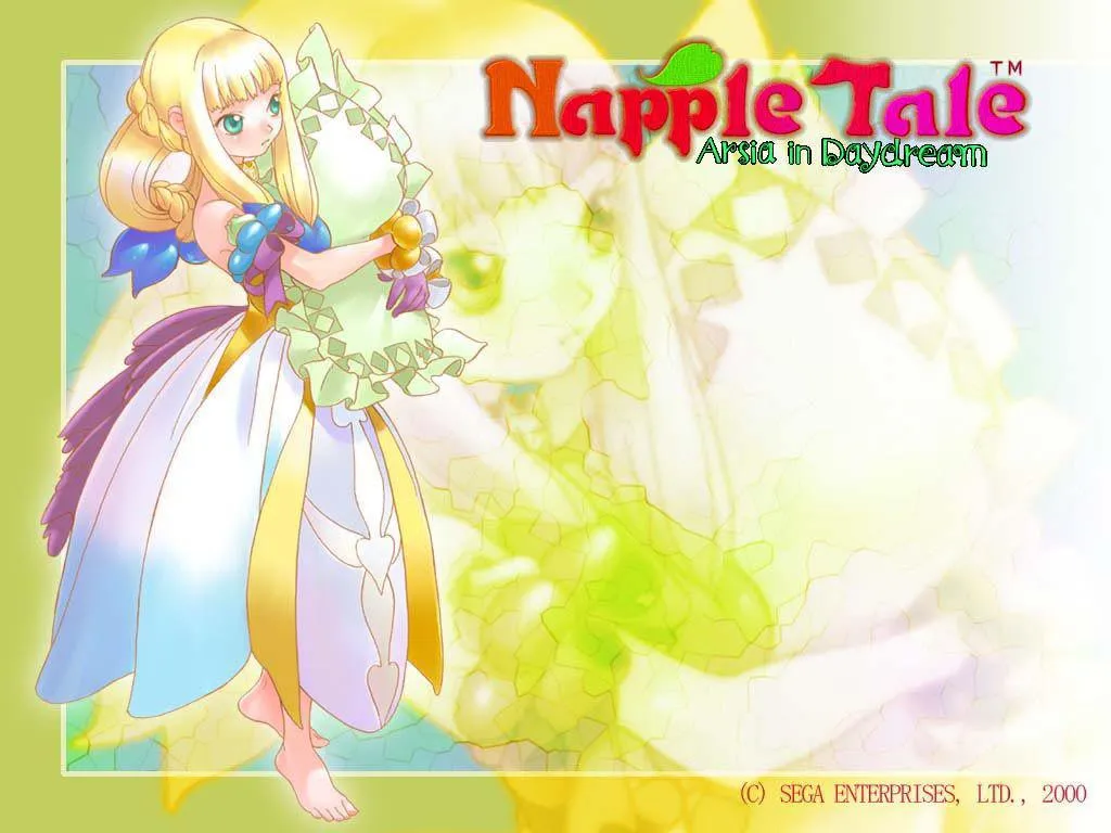Desktop background featuring the Napple Tale logo and Alice, a teen girl inspired by Alice in Wonderland, wearing an elaborate dress and hugging a pillow.