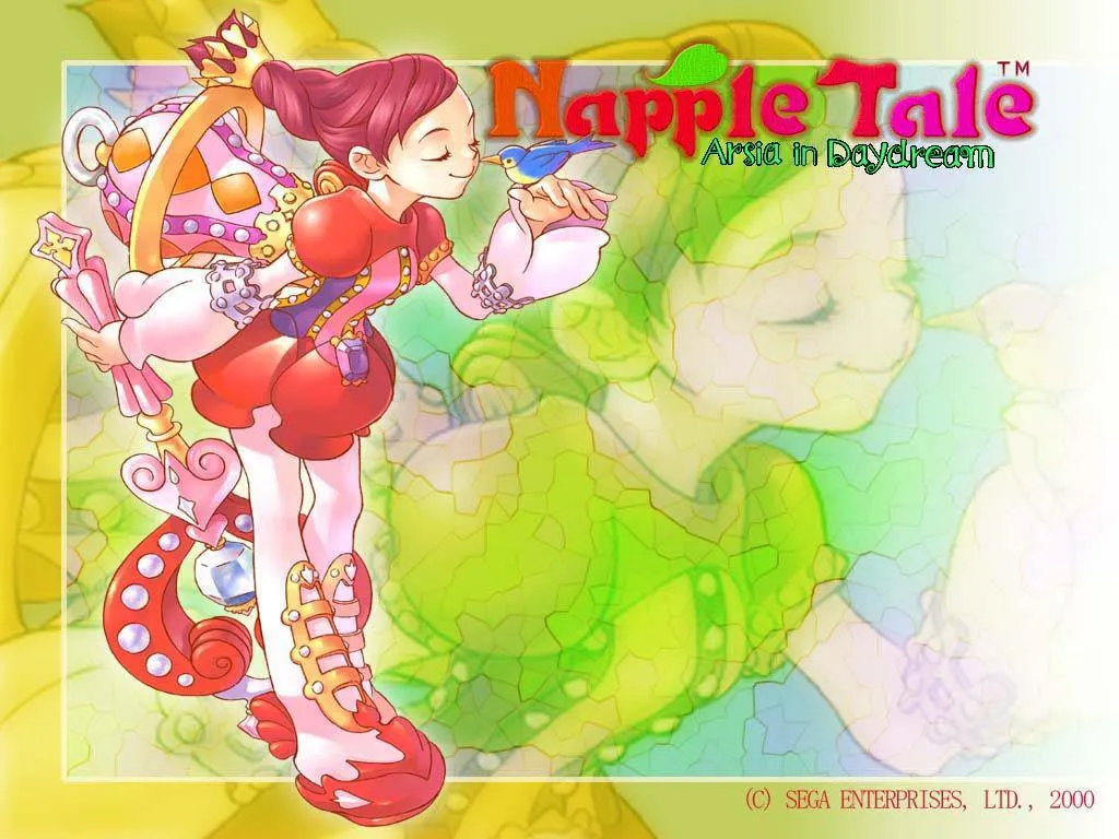 This one has Porch, the anime-styled protagonist with an elaborate crown-shaped backpack, an elaborate and unusual dress, pink tights, and a very large fancy wand, leaning forward to boop her nose on a bird's beak.
