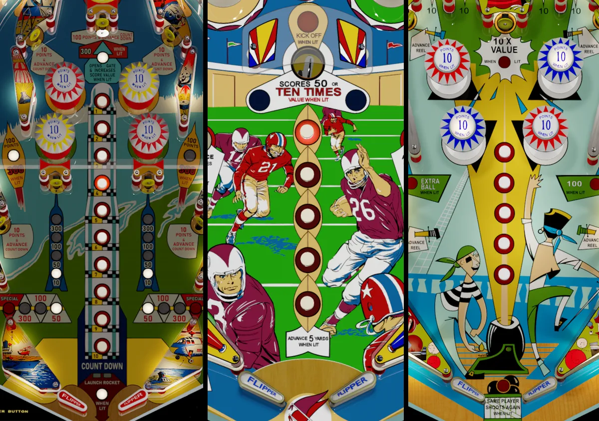 Three pinball playfields side by side, all of which have sequences of rollovers that go up the middle.