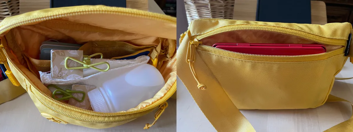 Interior photos of the belt bag. Left depicts the main compartment and right depicts what is inside the flat, back compartment.