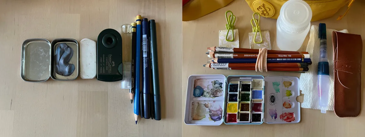Left depicts my most reached for basic sketching tools from the front zip compartment. Right depicts the mixed media supplies in the main compartment.