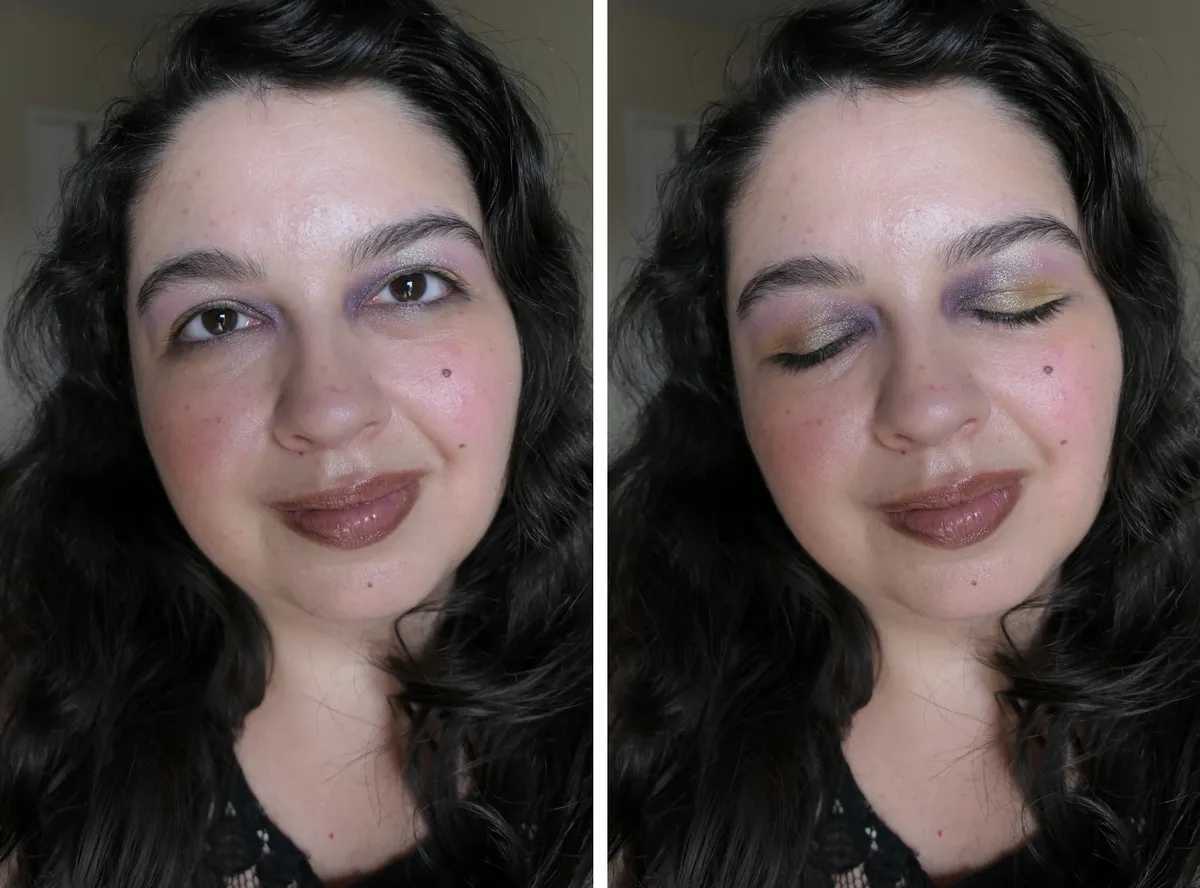 Two selfies showing my makeup look for today in sparkly purples and greens.