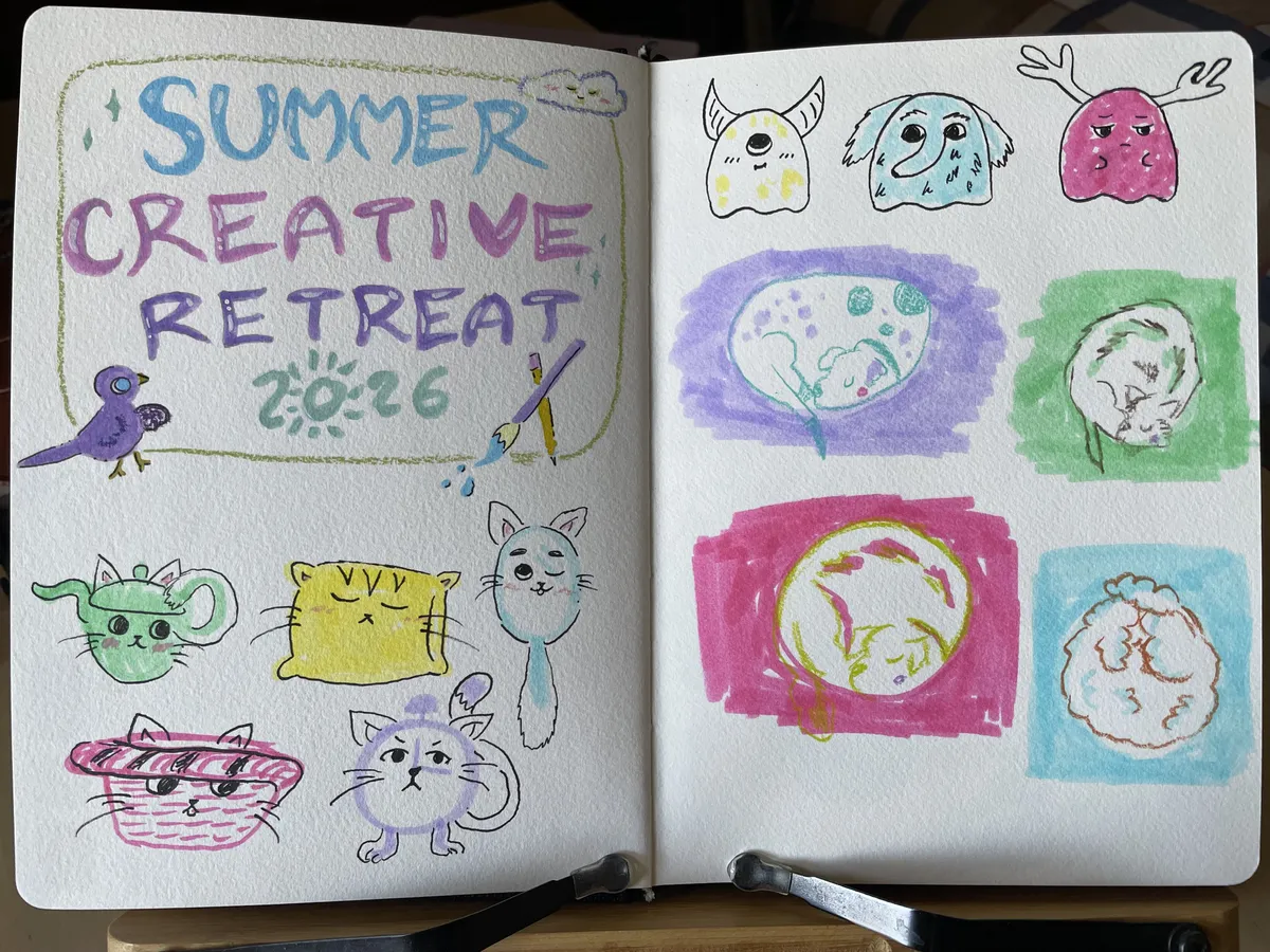 A photo of a sketchbook spread: left is the splash page and everyday objects turned into cats; right is little monster blobs and sleepy dogs.