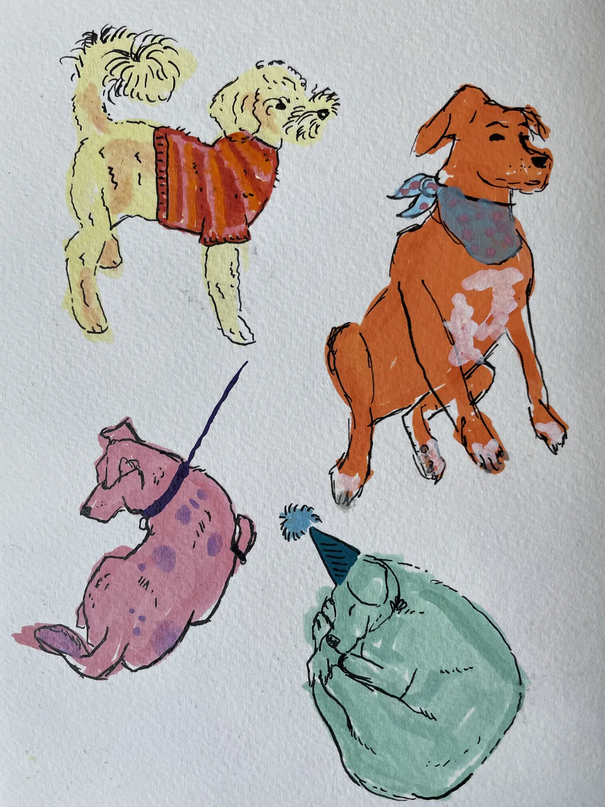 A sketchbook spread of colorful dogs.