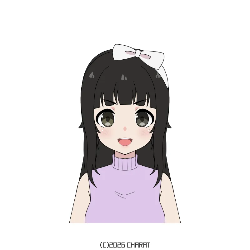 young woman with long black hair and eyes wearing a sleeveless sweater and a white bow on the top for her head.