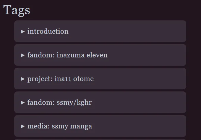 Tags section. Each individual tag is encased in a contrasting color background than the site's background
