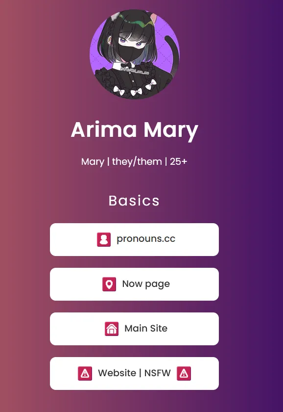 Screenshot of my link hub. My profile picture sits under my username and tagline. First section, 