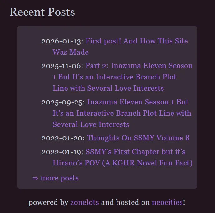 Recent Post section showcasing a list of the five latest posts encased in a contrasting color background than the site's background. / End ID