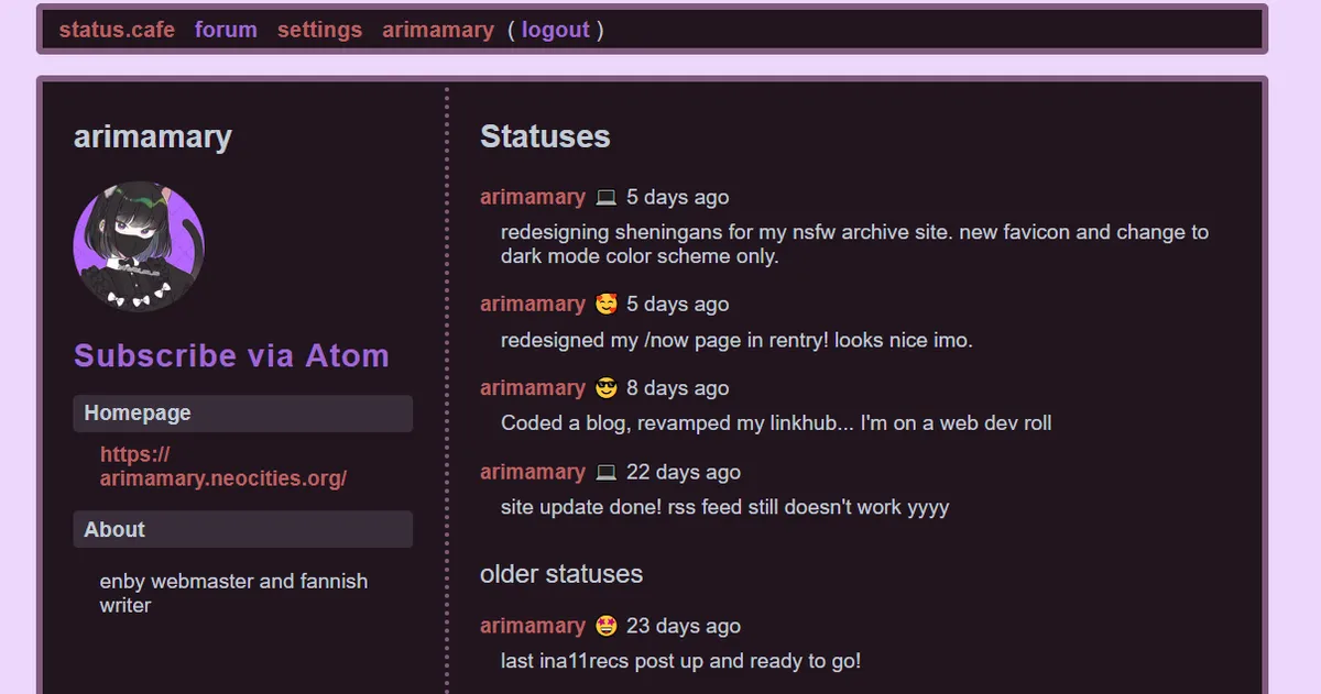 Screenshot of the final state of my status.cafe after applying all the changes described