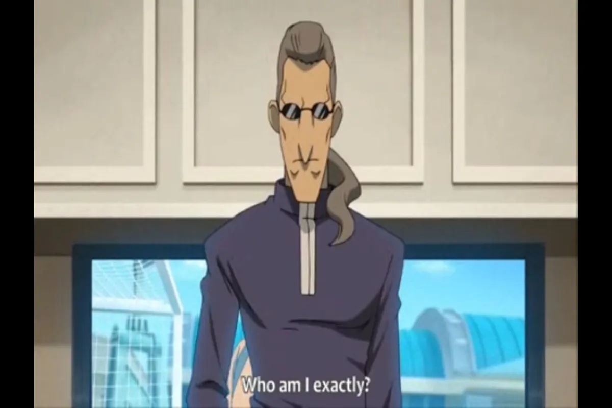 Kageyama standing in front of a flat screen TV while Kidou asks, "Who am I"?
