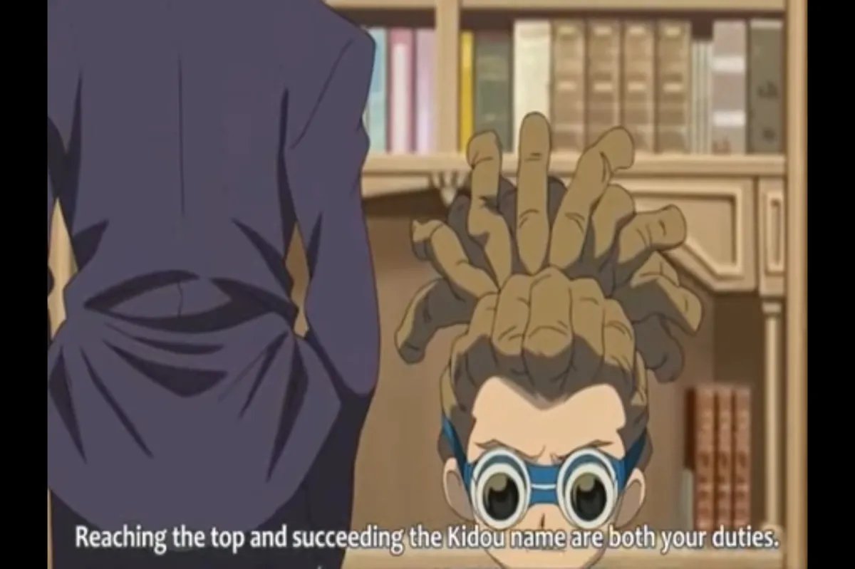 Kageyama Reiji, leaning against the sofa Kidou Yuuto is sitting on, says "Reaching the top and succeeding the Kidou name are both your duties."