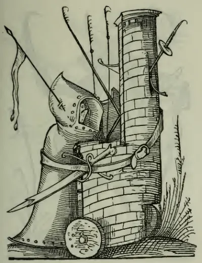 Towermate: a hooded and cloaked figure pushes a small stone tower on wheels.