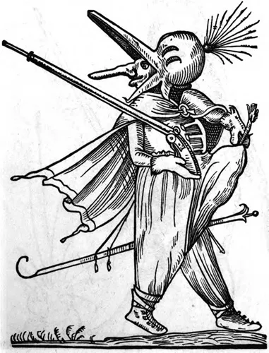 Cigognes: A man wearing a bird-headed suit of plate armor, holding a long gun