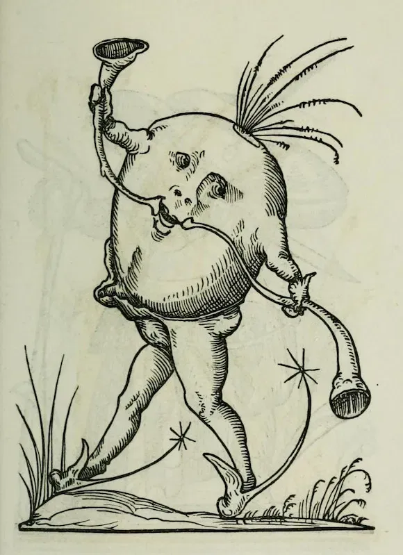 An anthropomorphic... radish? Maybe? Holding two simple horns leading to his smiling mouth.