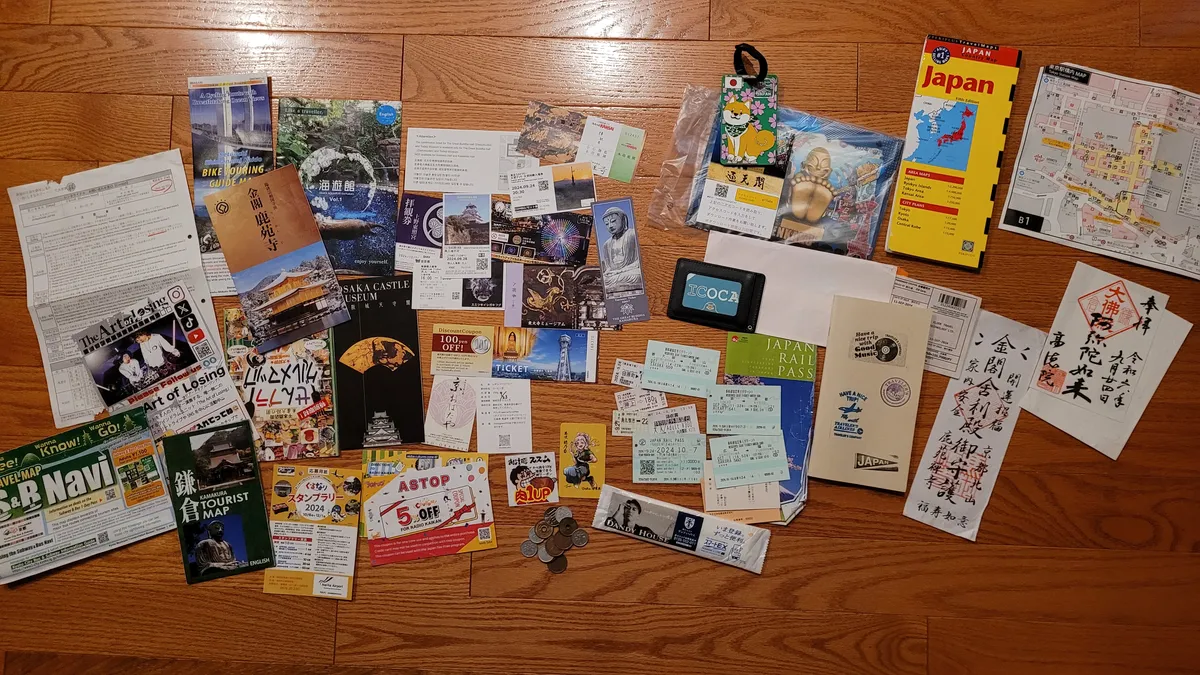 Memorabilia from Japan spread out on the floor