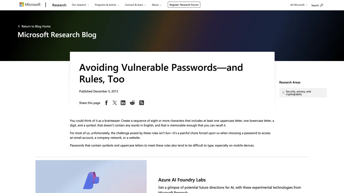 Microsoft Research 博客文章截图，标题为「Avoiding Vulnerable Passwords—and Rules, Too」（避免脆弱密码及其规则），发布于 2013 年 12 月 5 日。文章讨论密码安全问题，指出传统密码复杂度要求（包含大小写字母、数字、符号）虽然提高了安全性，但也增加了用户记忆难度和输入困难，特别是在移动设备上。
