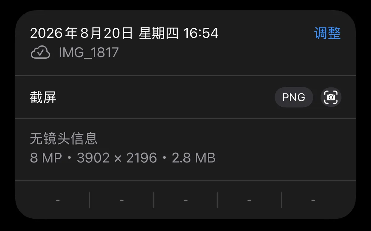 iOS照片应用深色模式下的图片信息界面，显示截屏文件IMG_1817的属性：2026年8月20日16:54拍摄，PNG格式，无镜头信息，分辨率3902×2196，大小2.8 MB。