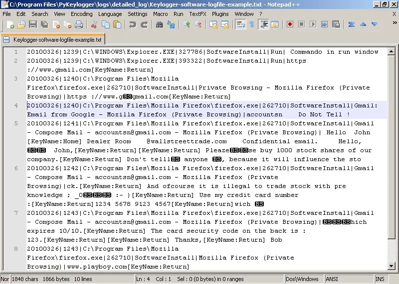 键盘记录软件日志文件示例截图，展示恶意软件如何记录用户的键盘输入。屏幕显示记事本程序打开的文本文件，包含多行被记录的击键数据，涉及用户访问 Gmail 等网站时输入的账号密码等敏感信息。此为网络安全教育示例，说明键盘记录软件的危害性。