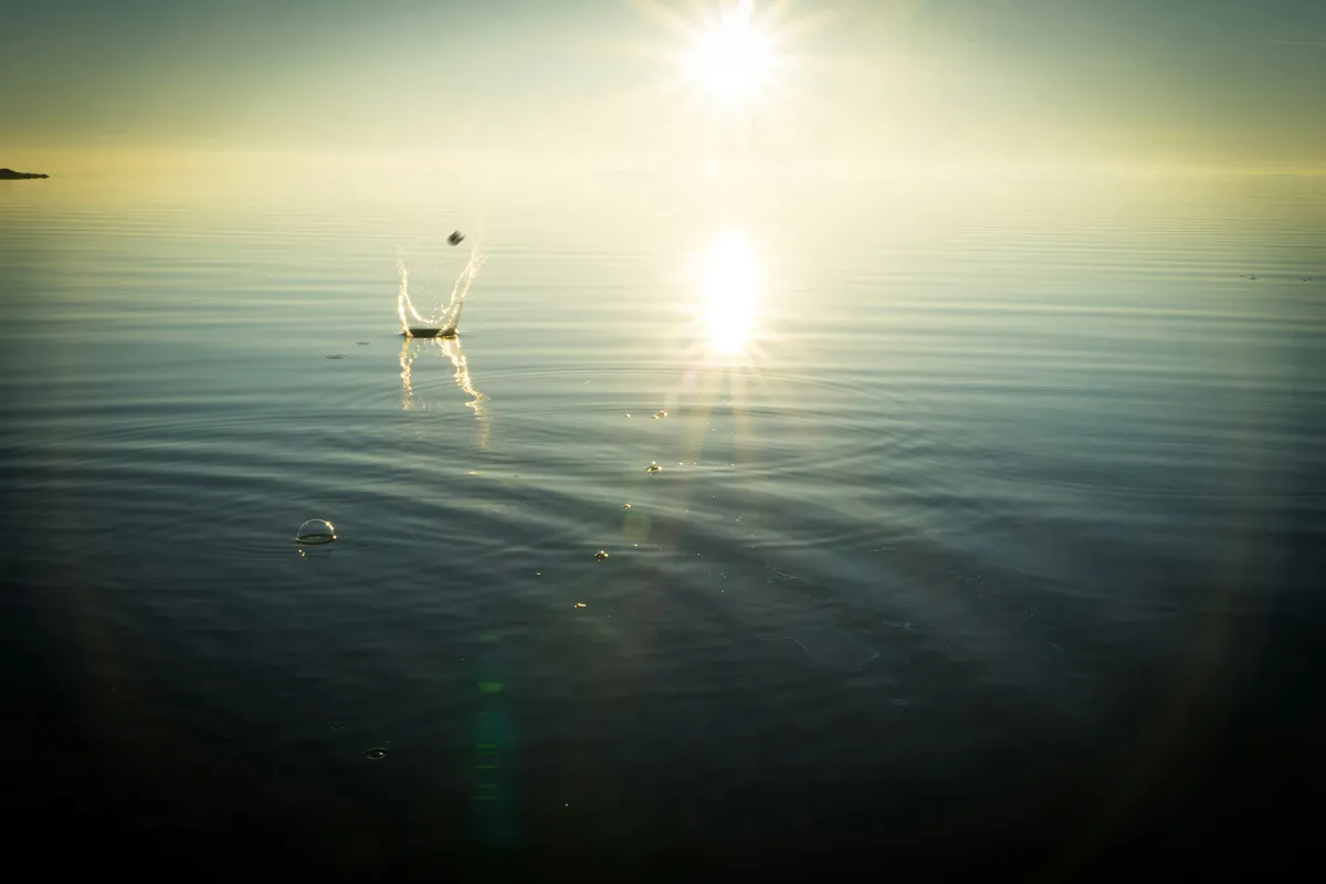 Skipping Stone A stone skips across a body of water toward a sunset, leaving a splash of ripples in its wake