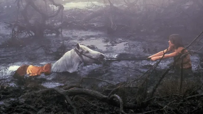 Atreyu and Artax In the dark and misty Swamp of Sadness from The NeverEnding Story, a distraught Atreyu struggles to save his white horse, Artax, as the horse sinks helplessly into the mud—a poignant depiction of the struggle against overwhelming despair and loss.