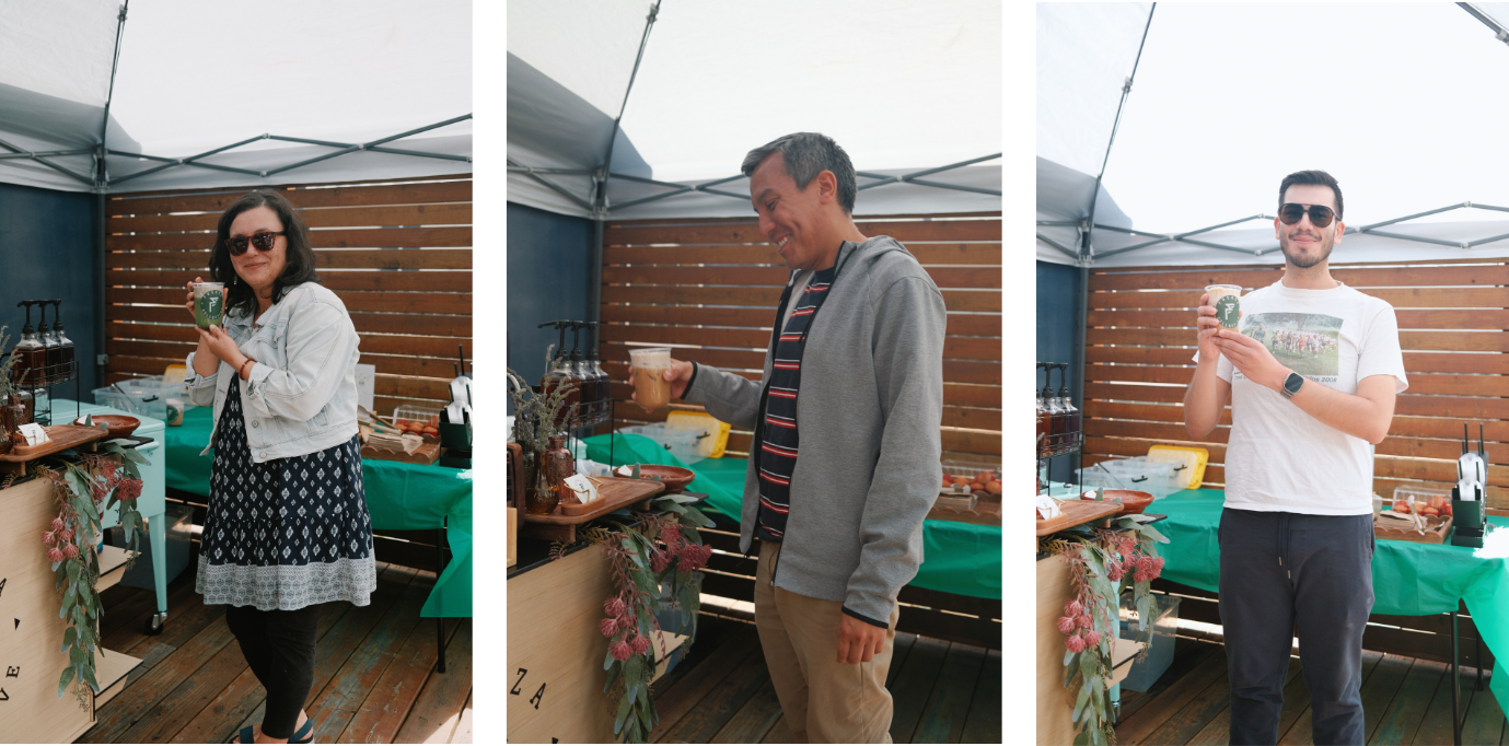 Triptych of people holding up their cups of coffee