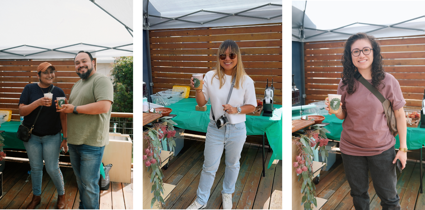A triptych photo of people holding a cup of coffee smiling