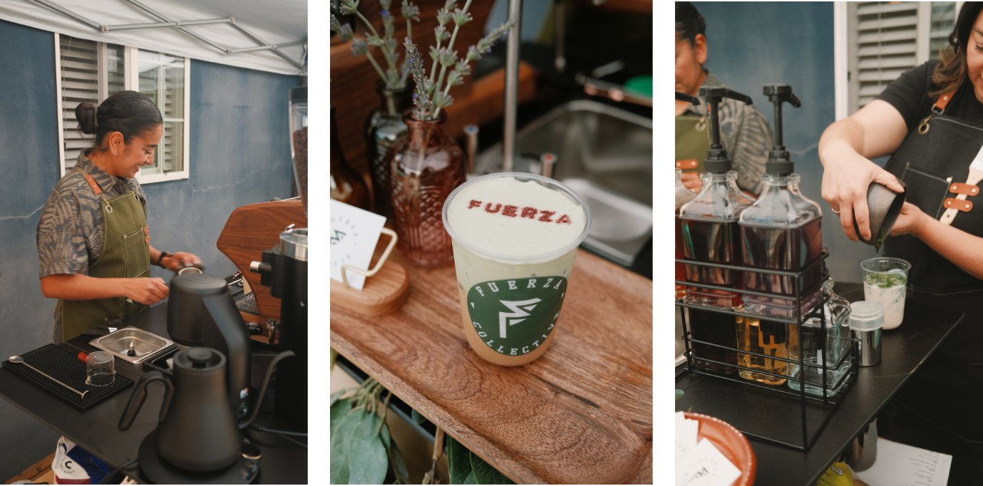 A triptych photo of a barista and coffee