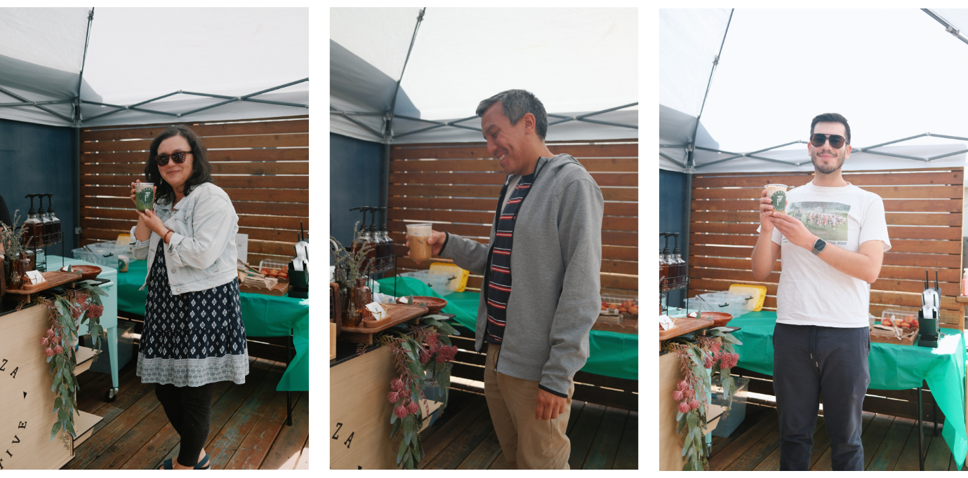A triptych of more people smiling and holding a cup of coffee