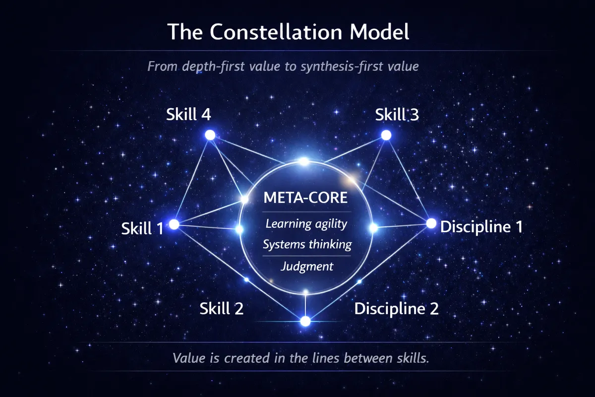 A starry background displays a constellation model, featuring a central circle labeled "META-CORE" with the terms "Learning agility," "Systems thinking," and "Judgment." Around it are four labeled skills (Skill 1 to Skill 4) and two disciplines (Discipline 1 and Discipline 2), connected by lines to emphasize the value created between them.