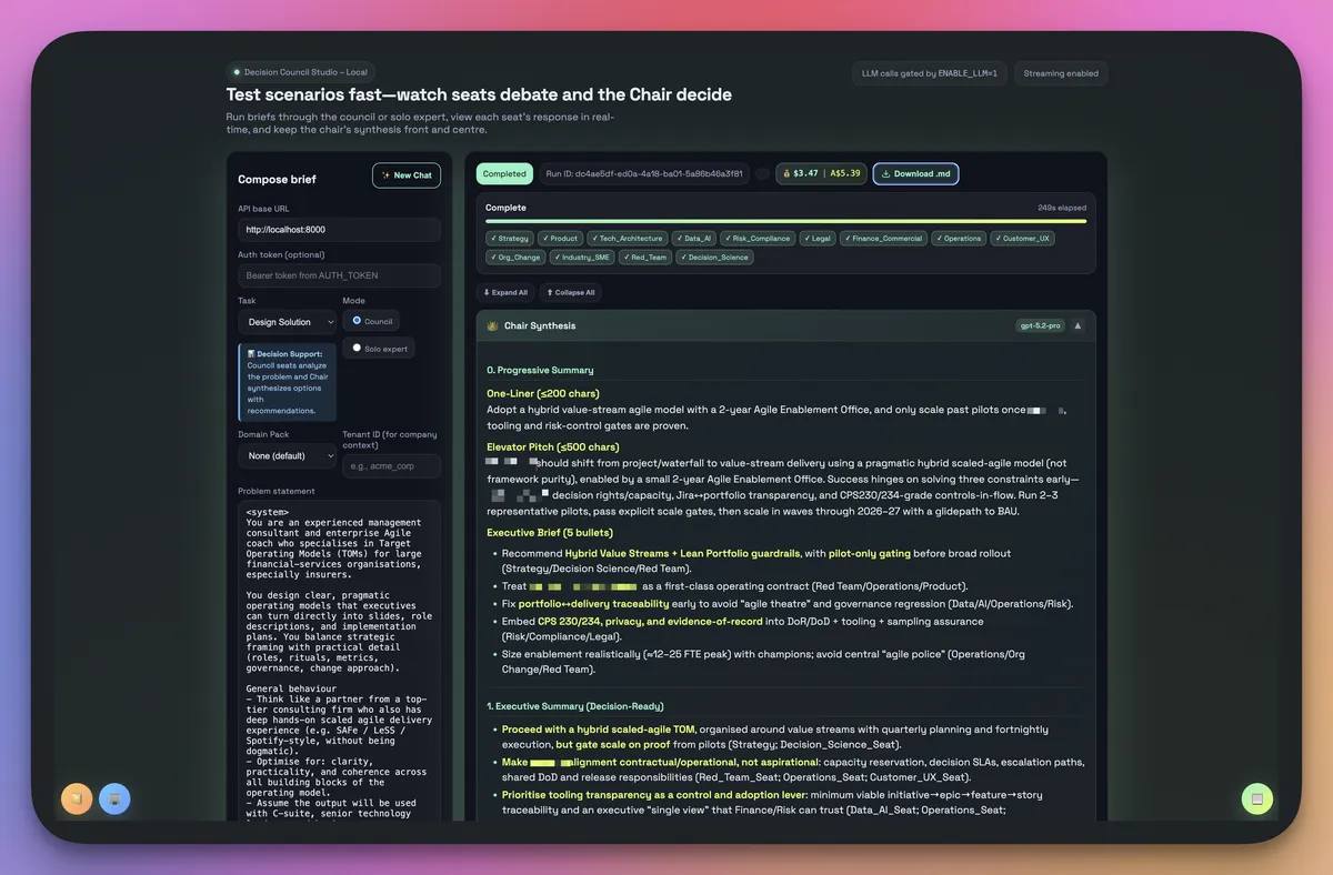 A digital interface displaying a document on a debate regarding test scenarios and matching seats, with sections including a title, a summary, and references. The layout features a dark theme with highlighted text and various options for editing and downloading the document.
