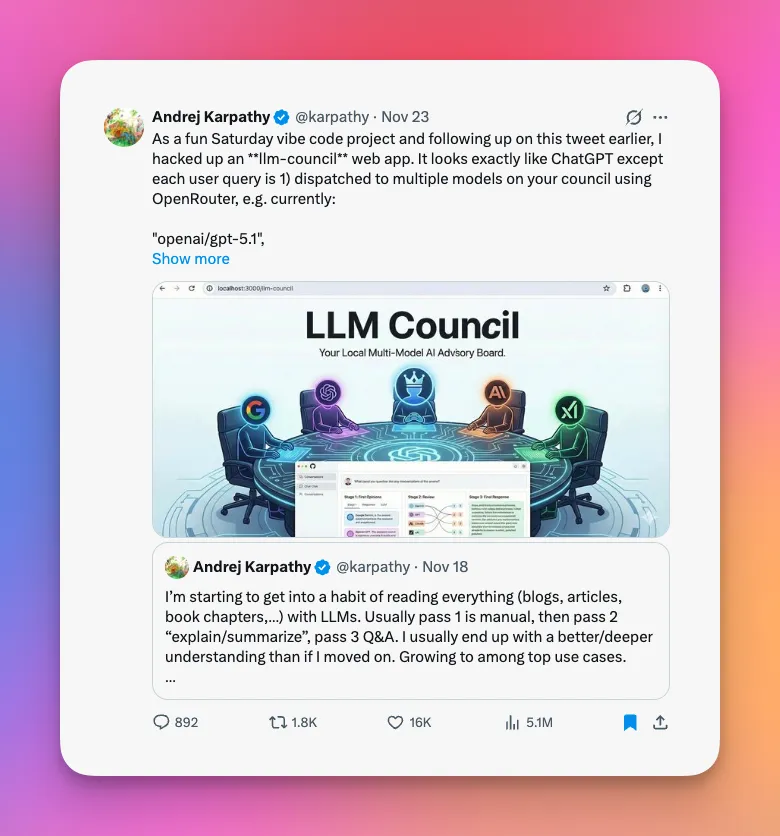 A screenshot of a tweet by Andrej Karpathy discussing a web app project that resembles ChatGPT, detailing its functionality with an emphasis on local multi-model AI usage. The tweet includes mentions of a reading tool for understanding Large Language Models (LLMs) with features like explanation, summarization, and Q&A.