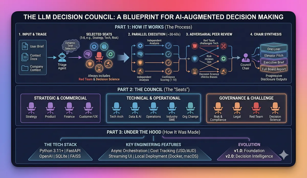 A colorful infographic titled "The LLM Decision Council: A Blueprint for AI-Augmented Decision Making." It outlines a process with several interconnected sections: input and triggers, a parallel execution flow with roles such as "Data & Design," "Tech Review," and "Adversarial Peer Review," and a council structure including seats for strategy, technical, operational, and governance roles. The infographic also highlights the tech stack and key engineering features used in the decision-making process.