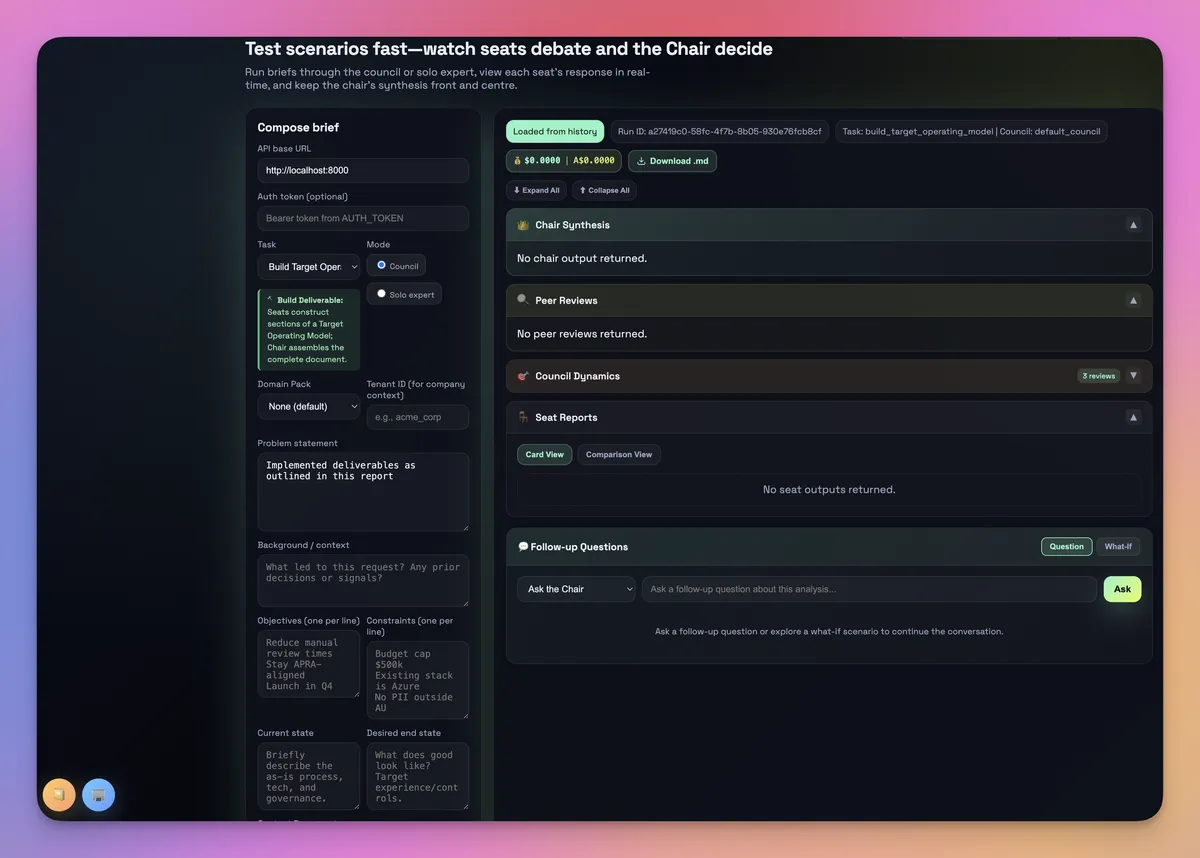 A user interface displaying a tool for composing briefs, featuring sections for entering details like background information, aims, and analysis. The layout includes buttons for generating reports and managing peer feedback, with a dark theme design and different tabs for navigation.