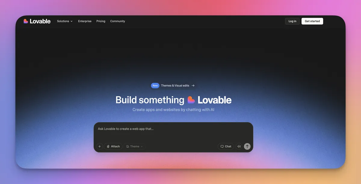 A dark-themed website interface for "Lovable," featuring a central banner that encourages users to build something using AI. Below the banner, a chatbox invites users to interact and create web apps. The background gradient transitions from purple to pink.
