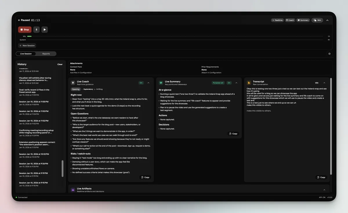 A dark-themed user interface is displayed on a computer screen, featuring sections for "Live Coach," "Live Summary," and "Transcript." The layout includes text boxes with captions and a history log, showcasing various notes and interactions related to a session.