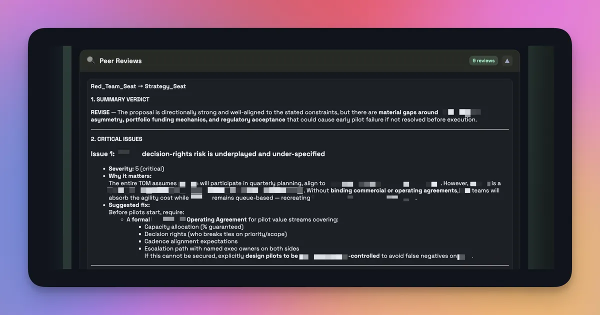 A digital interface displaying peer reviews, with sections labeled "Summary Verdict" and "Critical Issue." The text outlines concerns related to decision-making risks, severity levels, and suggested actions for addressing specific issues. The background features a gradient color scheme, transitioning from pink to purple.