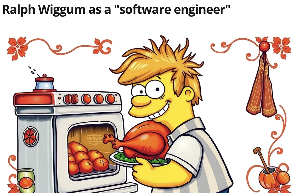 A cartoon character resembling a young boy, Ralph Wiggum, from The Simpsons, with spiky blond hair is smiling while holding a tray with a cooked turkey, standing in front of an oven filled with oranges. The background features decorative elements like flowers, pumpkins, and kitchen utensils.