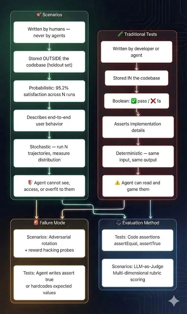 Flowchart outlining different approaches to testing in software development, divided into "Scenarios," "Traditional Tests," "Failure Mode," and "Evaluation Method." It details methods involving human-written scenarios versus developer-written tests, probabilistic outcomes, agent behavior, and various assessment techniques.