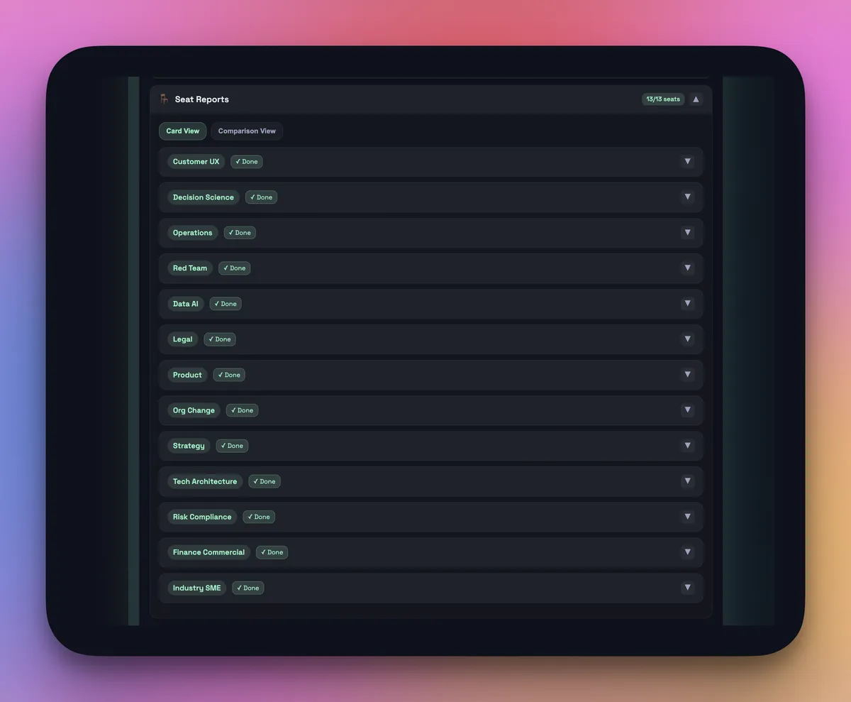 A user interface displayed on a tablet featuring a list of reports organized by categories such as "Qualification," "Decision Science," "Operations," and "Legal," each with expandable options indicated by arrows. The overall design has a dark theme with green accents.