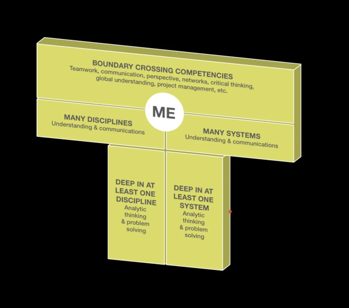 A diagram in a T-shape format divided into four quadrants with the central label "ME." The top section titled "BOUNDARY CROSSING COMPETENCIES" includes teamwork, critical thinking, and project management. The left section labeled "MANY DISCIPLINES" focuses on understanding and communications. The right section labeled "MANY SYSTEMS" also emphasizes understanding and communications. The bottom left quadrant titled "DEEP IN AT LEAST ONE DISCIPLINE" highlights analytic thinking and problem solving, while the bottom right section is similar, focusing on being deep in one system.