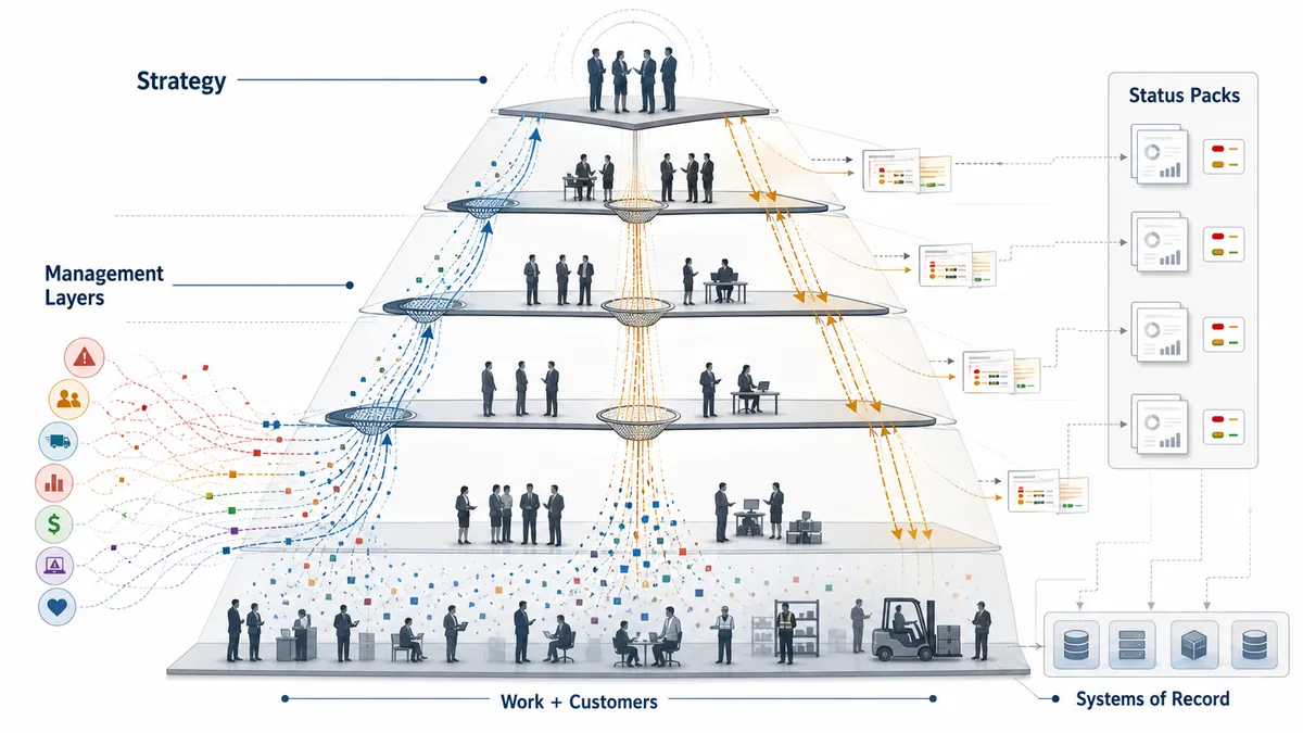 A traditional enterprise hierarchy showing strategy flowing down through management layers while operating signals from work, customers, and systems are compressed upward into status packs.