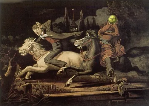 William J. Wilgus's chromolithograph of Ichabod Crane riding away from Brom dressed as the Headless Horseman. A morph ball has been pasted over the pumpkin in Brom's hand.