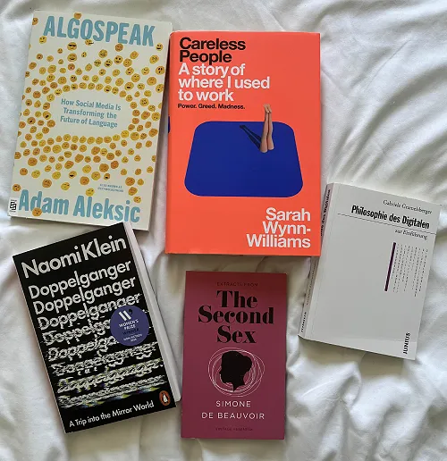 books: algospeak, die philosophie des digitalen, doppelganger, careless people, the second sex