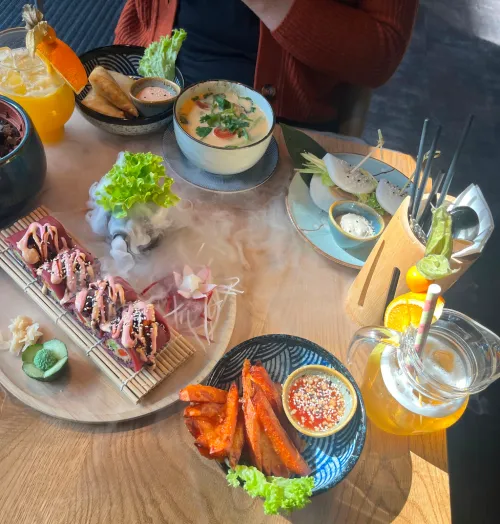 Sushi, tom kha soup, sweet potato pancakes etc etc