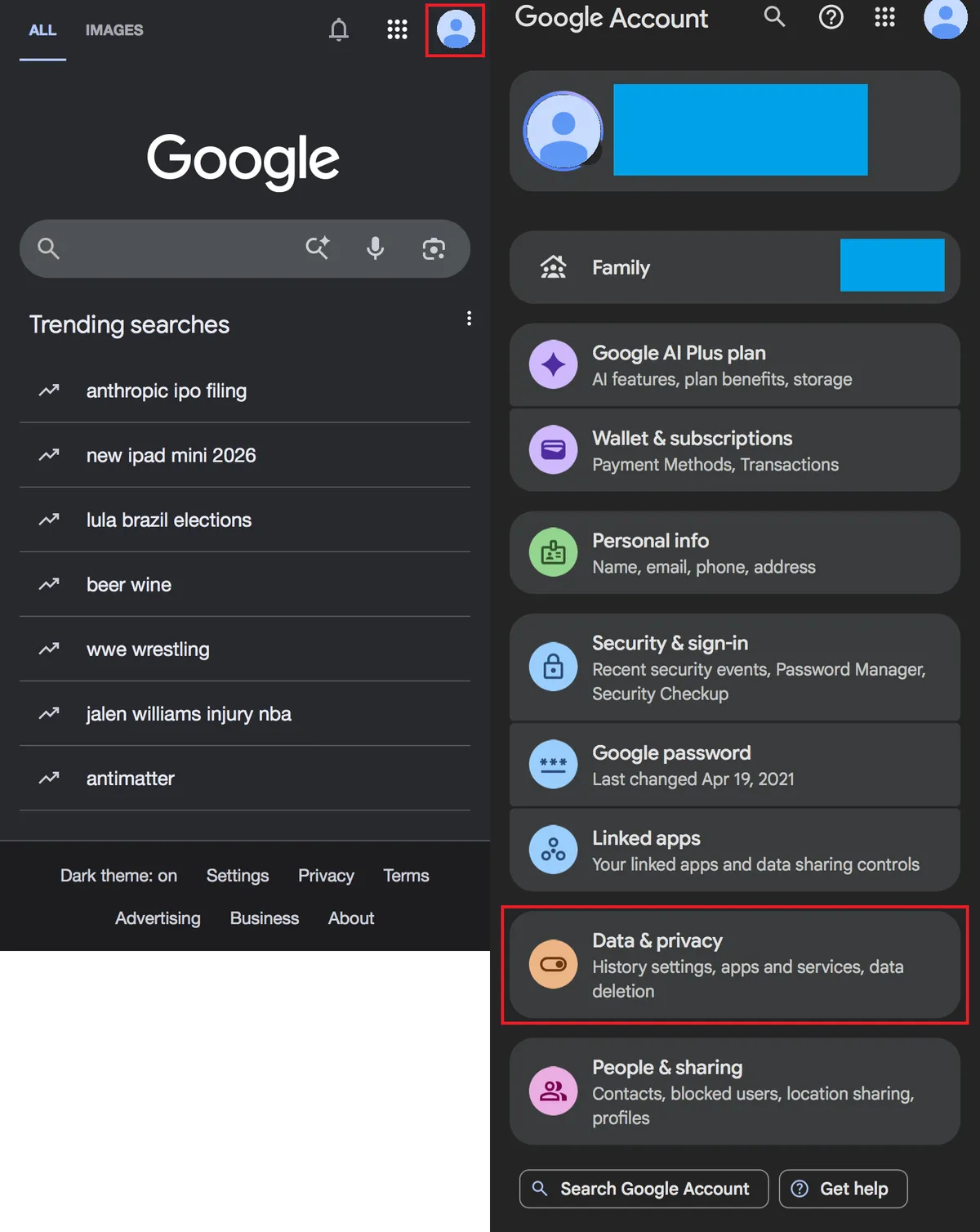 Screenshots emphasizing your Google profile photo and the Data & privacy settings option.