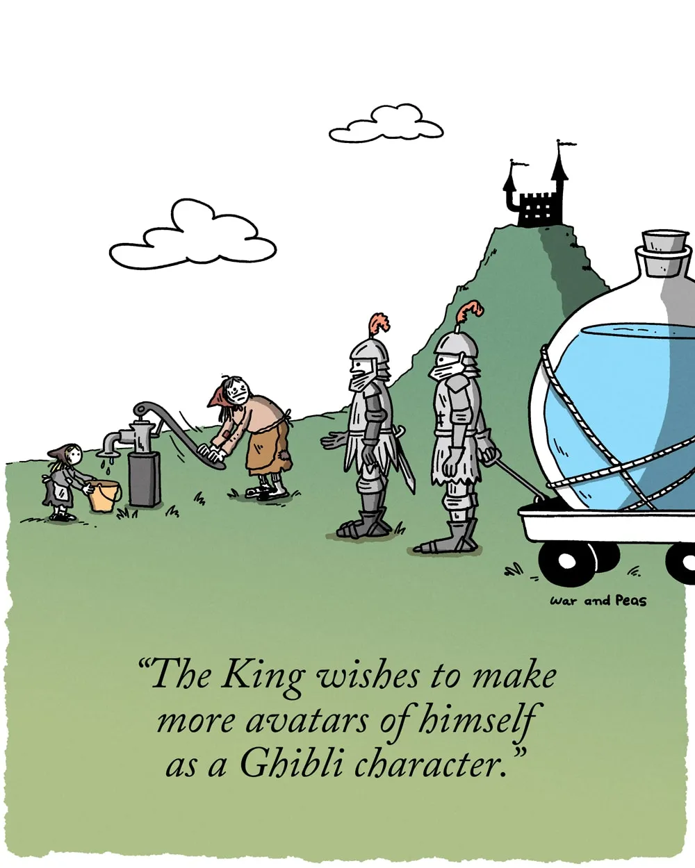 The cartoon illustrates the problem of water use in the AI age: a farmer's child and his mother are pumping a little water from a well for their daily use. Two knights in armor, transporting a large, spherical water container on wheels, come by and say, "The King wishes to make more avatars of himself as a Ghibli character."
In the background, a castle sits enthroned on a hill. The cartoon illustrates the excessive water consumption required for AI model queries.