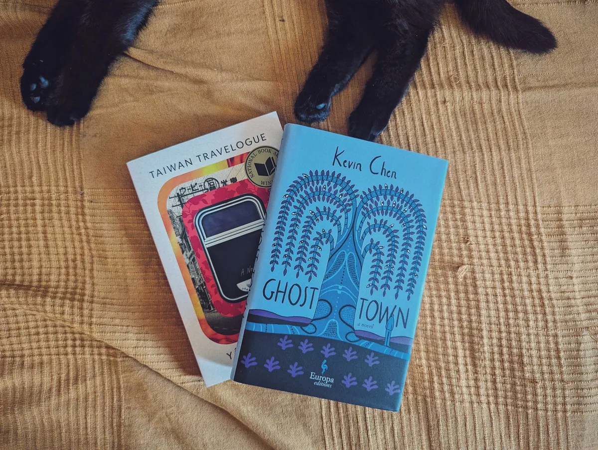 Two books displayed on the bed, next to a black cat.