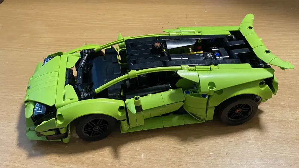A chartreuse Lego Technic Lamborghini.